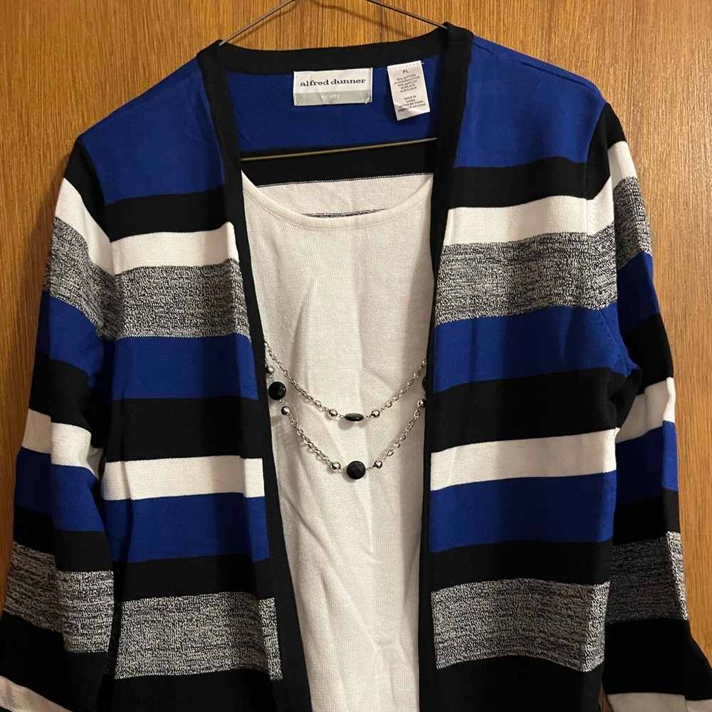 NWT Alfred Dunner size Large Petite Black/Navy/White 2-Fer Cardigan Sweater